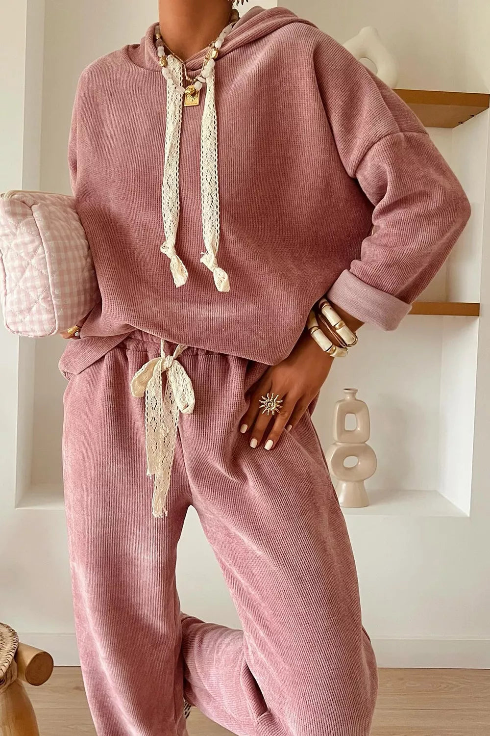 Lace Detail Dropped Shoulder Hoodie and Pants Set