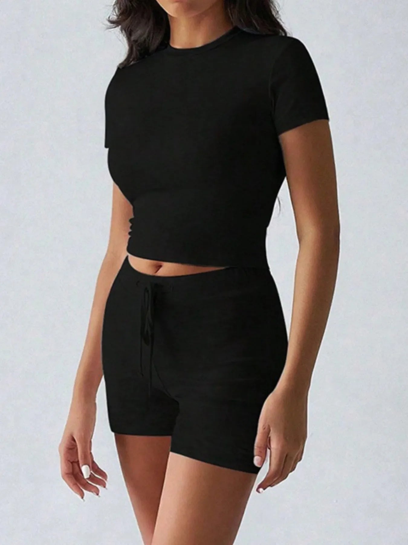 Round Neck Short Sleeve Top and Shorts Set
