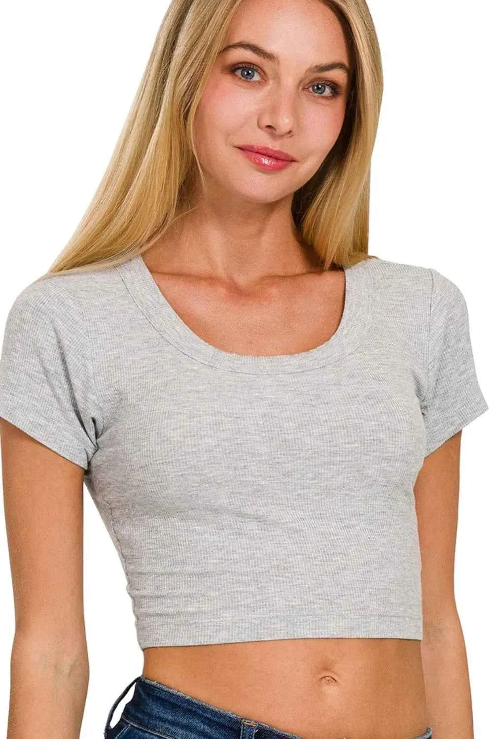 Zenana Ribbed Scoop Neck Crop Short Sleeve Top