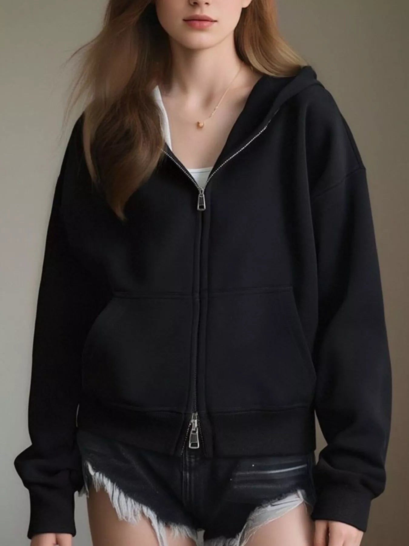 Full Size Casual Zip-Up Long Sleeve Hoodie Plus Size