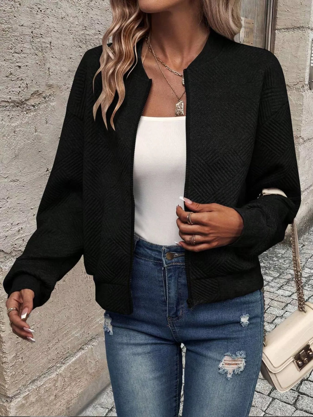 Texture Zip-Up Bomber Jacket