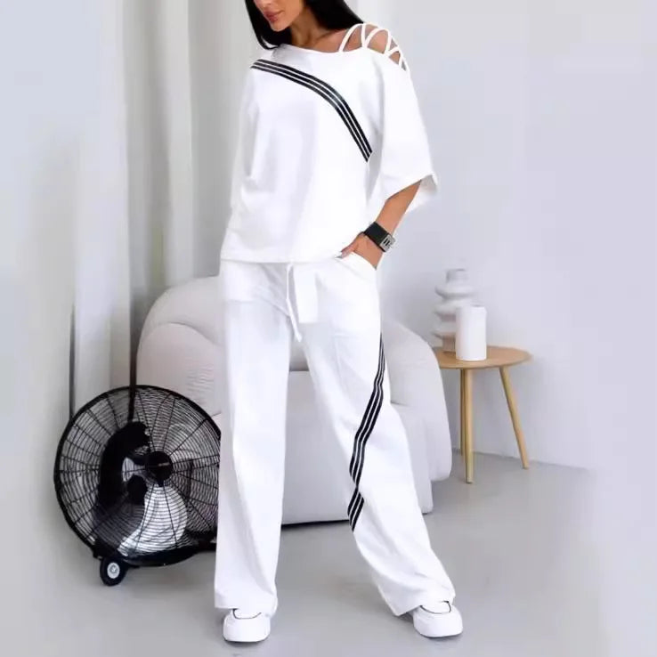 Women's White Sports Shirt+casual Pants Cotton