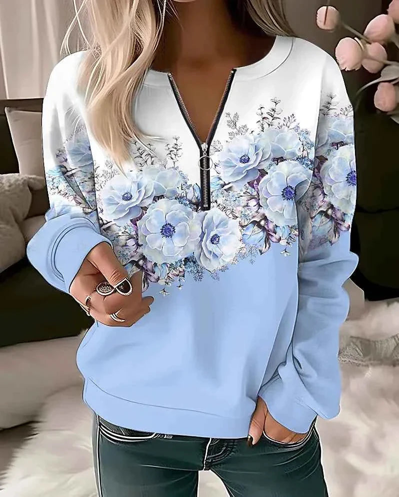 Floral Oversized Zip-Up Hoodie for Women