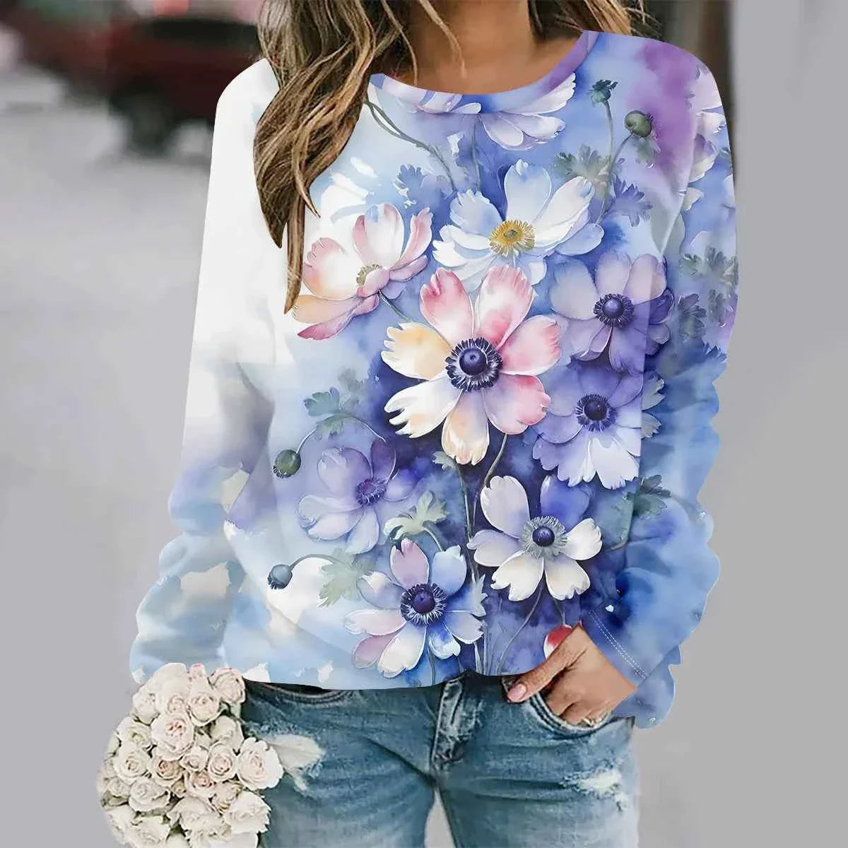 3D Flower Print Y2K Sweatshirt - Women's Fashion
