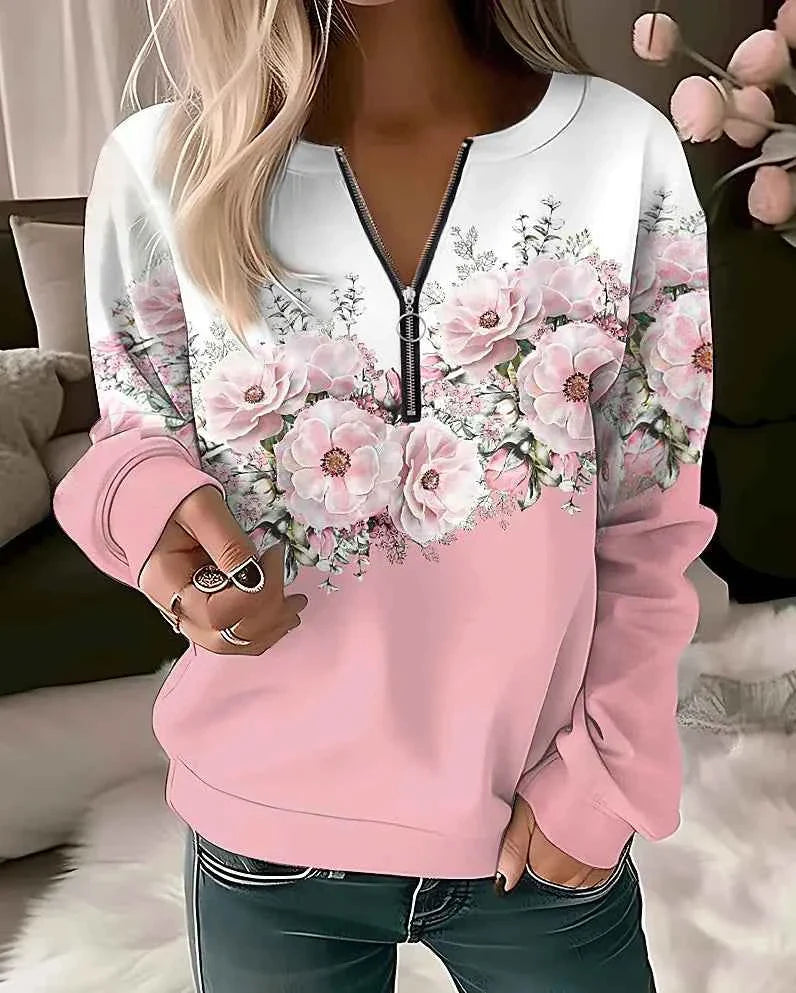 Floral Oversized Zip-Up Hoodie for Women