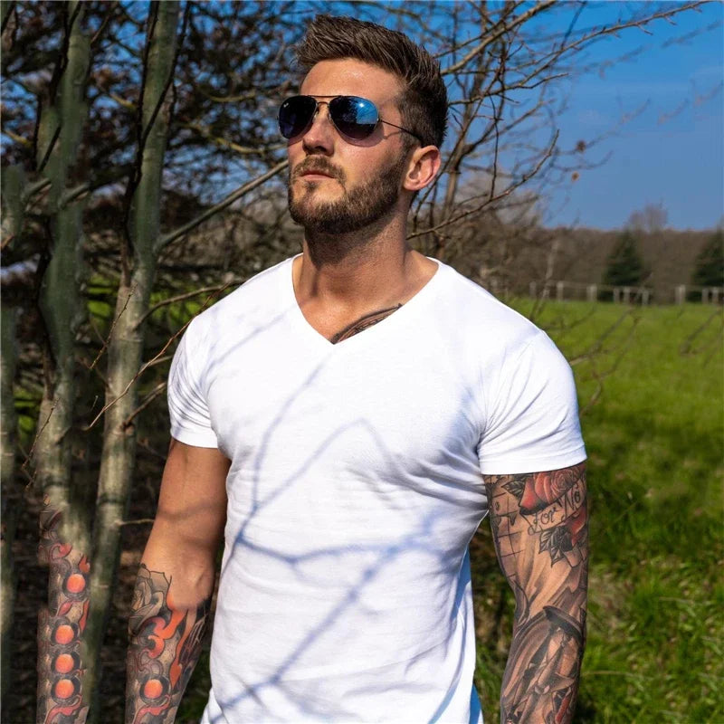 Men Fashion V Neck Short Sleeve Fitness Workout Summer Breathable Cotton