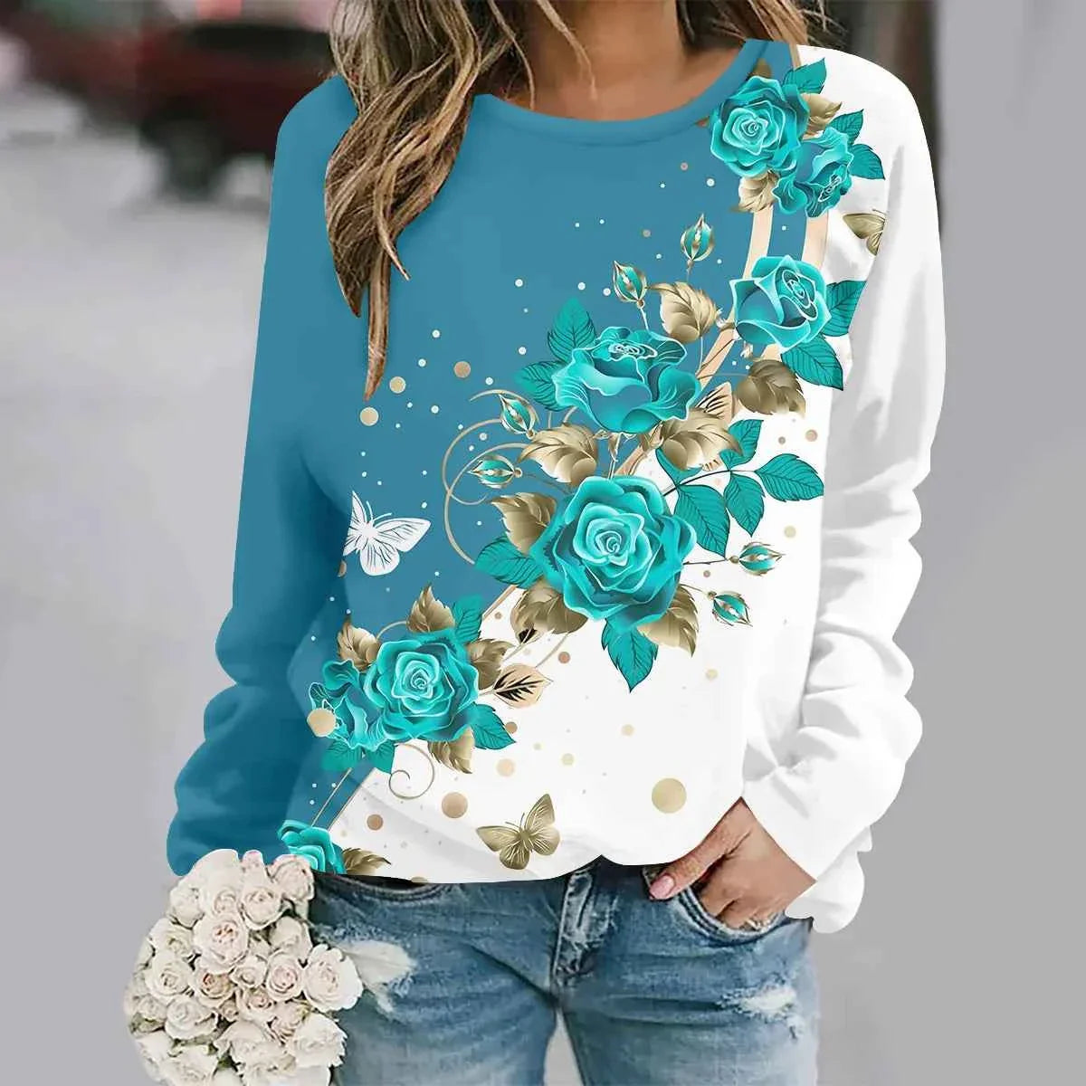3D Flower Print Y2K Sweatshirt - Women's Fashion