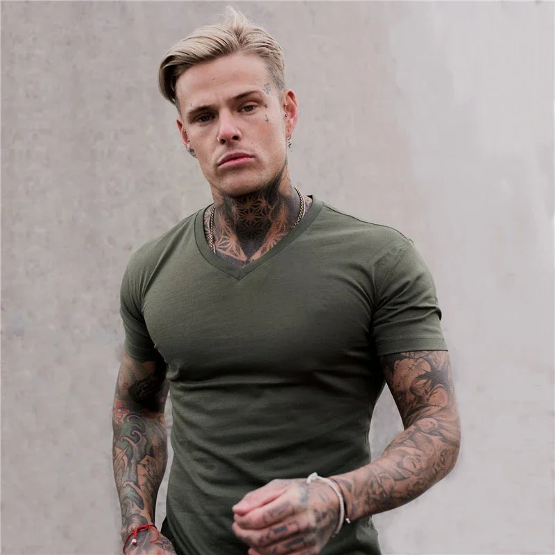 Men Fashion V Neck Short Sleeve Fitness Workout Summer Breathable Cotton
