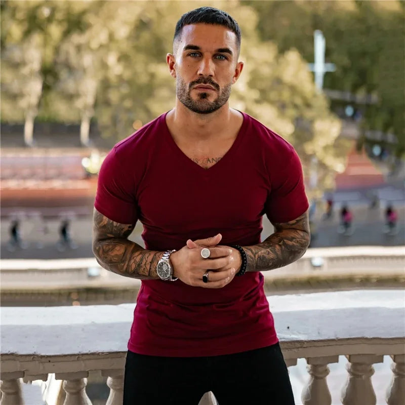 Men Fashion V Neck Short Sleeve Fitness Workout Summer Breathable Cotton