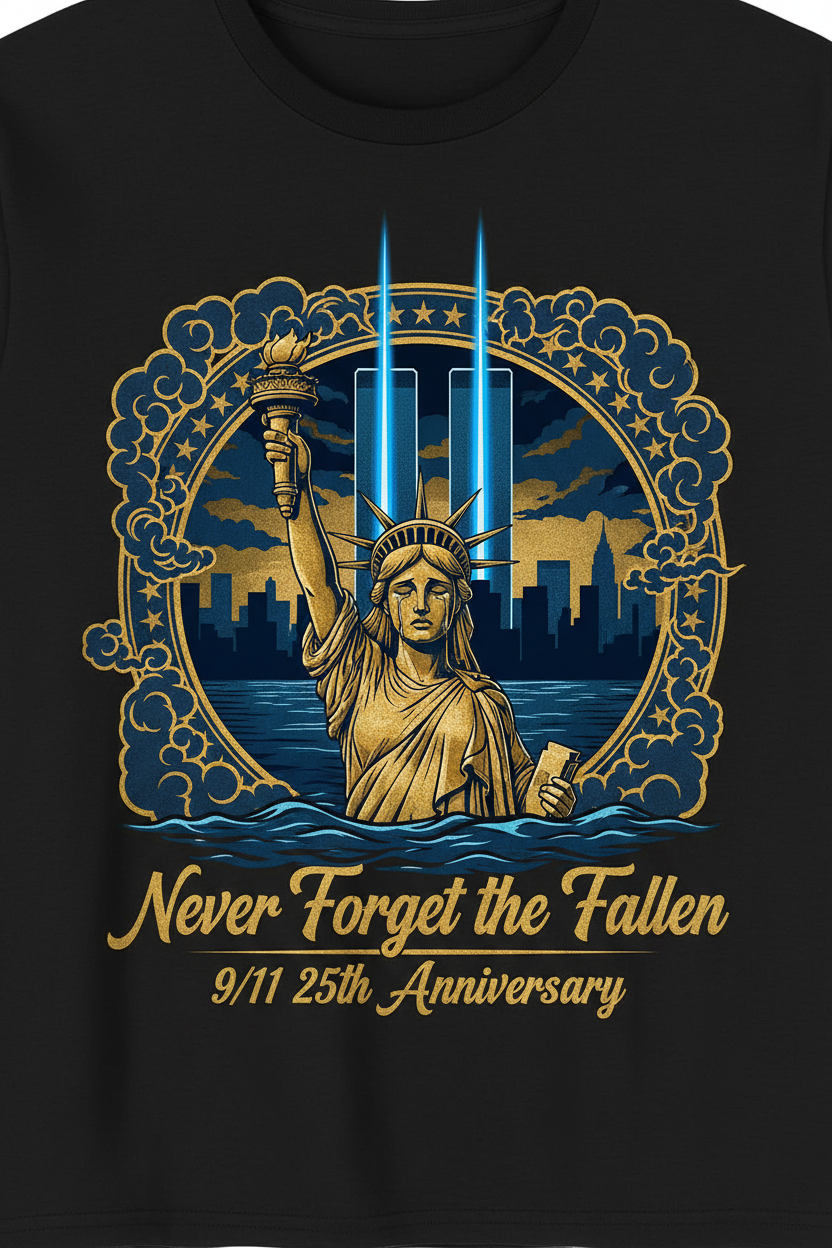 9/11 25th Anniversary Lady Liberty Remembrance T-Shirt front design