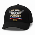 Black 9/11 remembrance ball cap with gold 9/11 lettering and gold trim around WE WILL NEVER FORGET