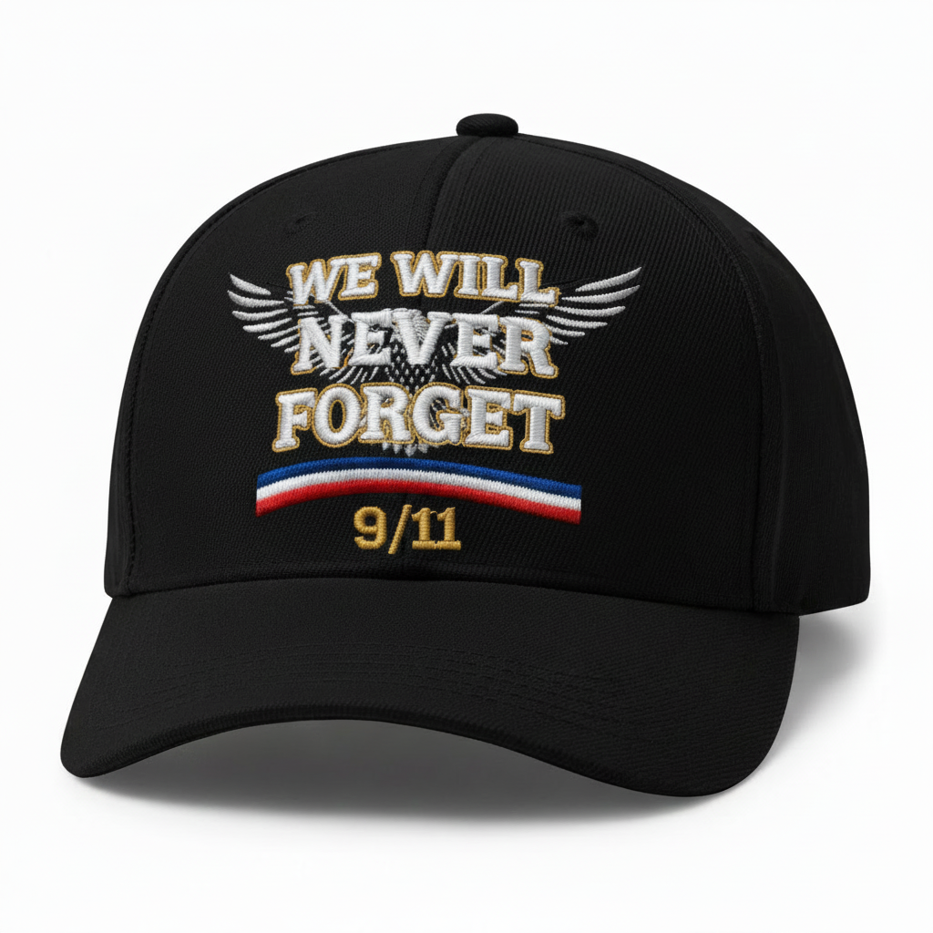 Black 9/11 remembrance ball cap with gold 9/11 lettering and gold trim around WE WILL NEVER FORGET