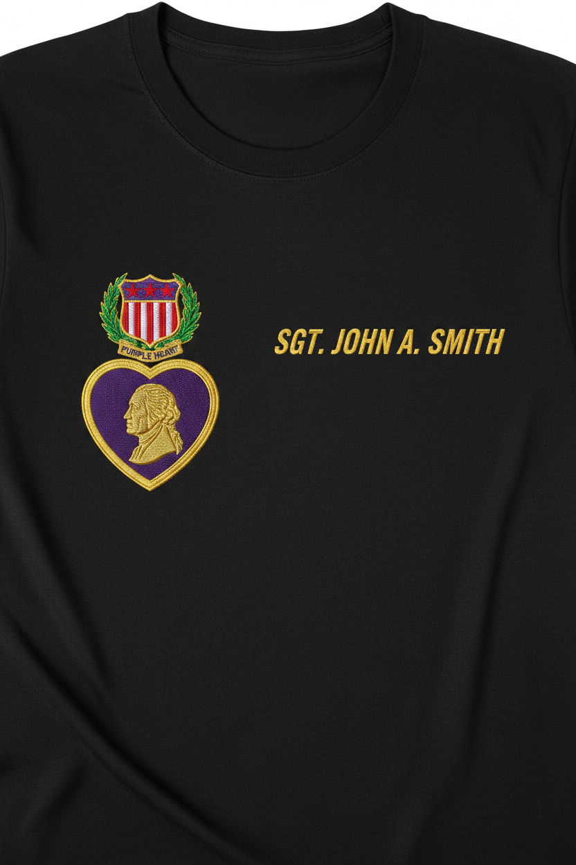 Purple Heart T-Shirt Front - Crest Left, Name Right
